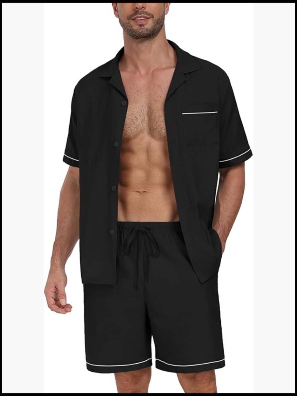 Lightweight Polyester Pajama Set with Pockets, Short Sleeve V-Neck